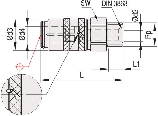 Муфта быстросъемная прямая безопасная с клапаном и резьбой - MKS200, схема