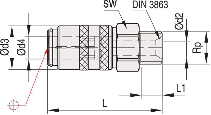 Муфта быстросъемная прямая с клапаном и резьбой - MK200, схема