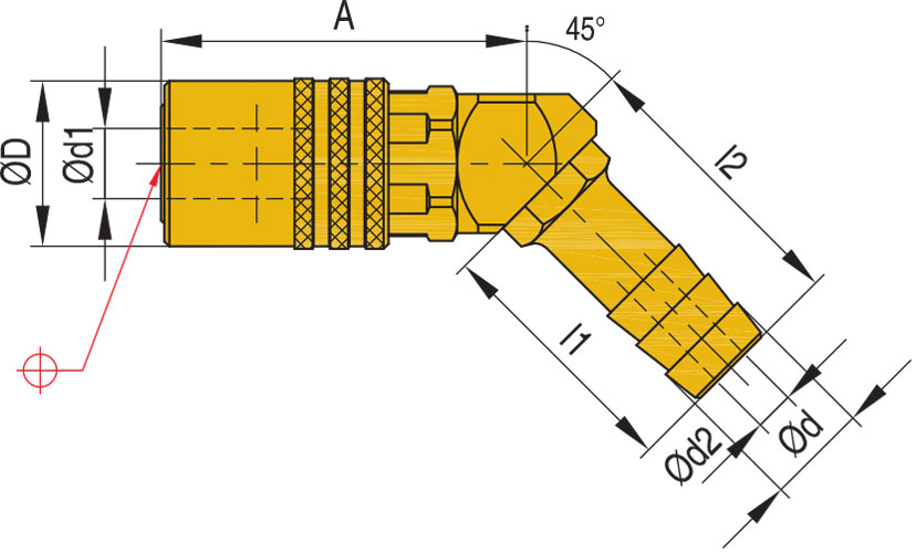 Муфта быстросъемная 45° для шланга с клапаном - SVK 45, схема
